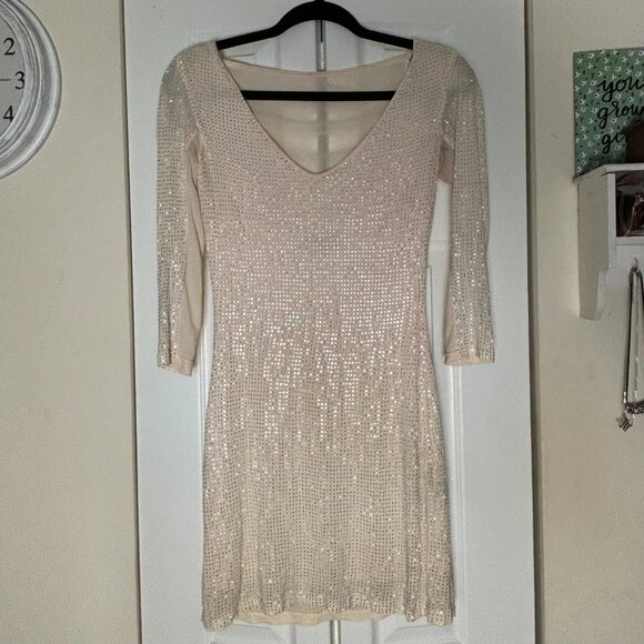 Bebe Light Pink Sparkly Gemstone Longsleeve Bodycon Dress XS - Picture 1 of 10